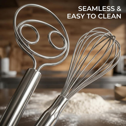 Danish Dough Whisk and Balloon Whisk Set, 2-Piece 12 Inch 316 Stainless Steel for Egg, Cream, Bread, Pizza & Sourdough Mixing, Dishwasher Safe