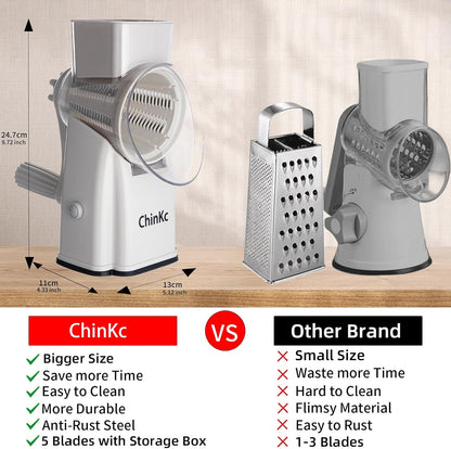 Upgrade Rotary Cheese Grater Shredder with Handle, Strong Suction Base, Multi-purpose Rotary Grater Slicer with 5 Interchangeable Blades for Ice, Vegetables, Fruit, Nuts with Blade Storage Box