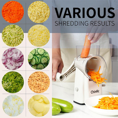 Upgrade Rotary Cheese Grater Shredder with Handle, Strong Suction Base, Multi-purpose Rotary Grater Slicer with 5 Interchangeable Blades for Ice, Vegetables, Fruit, Nuts with Blade Storage Box