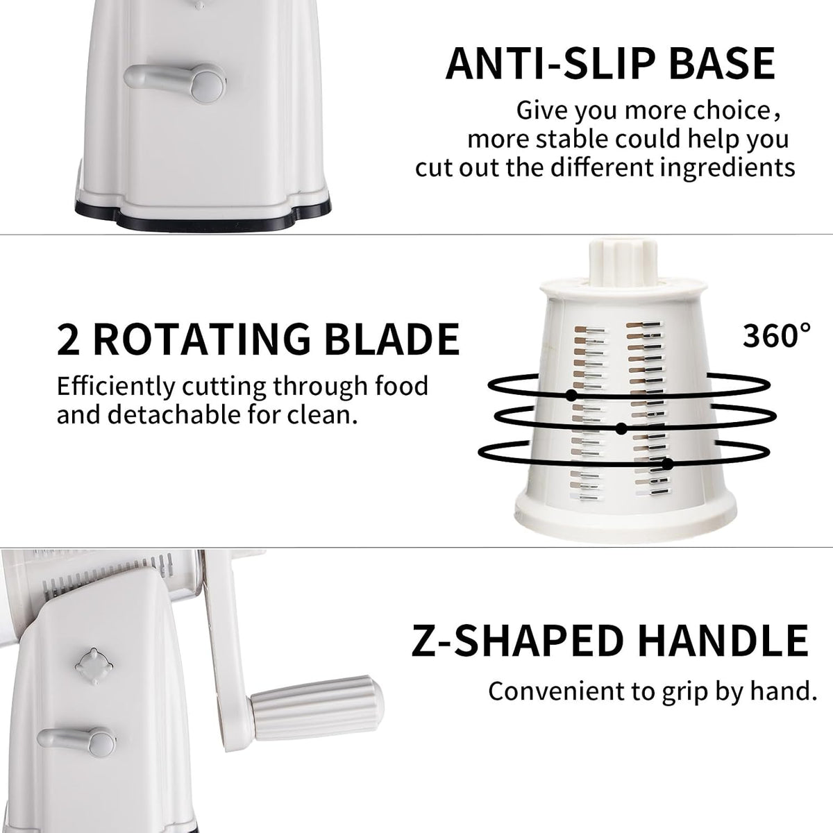 Upgrade Rotary Cheese Grater Shredder with Handle, Strong Suction Base, Multi-purpose Rotary Grater Slicer with 5 Interchangeable Blades for Ice, Vegetables, Fruit, Nuts with Blade Storage Box