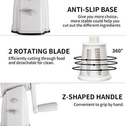 Upgrade Rotary Cheese Grater Shredder with Handle, Strong Suction Base, Multi-purpose Rotary Grater Slicer with 5 Interchangeable Blades for Ice, Vegetables, Fruit, Nuts with Blade Storage Box