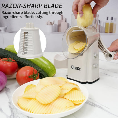 Upgrade Rotary Cheese Grater Shredder with Handle, Strong Suction Base, Multi-purpose Rotary Grater Slicer with 5 Interchangeable Blades for Ice, Vegetables, Fruit, Nuts with Blade Storage Box