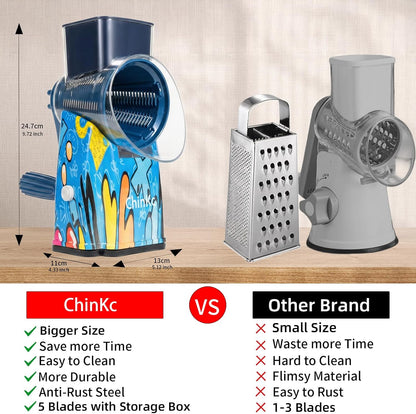 Upgrade Rotary Cheese Grater Shredder with Handle, Strong Suction Base, Multi-purpose Rotary Grater Slicer with 5 Interchangeable Blades for Ice, Vegetables, Fruit, Nuts with Blade Storage Box