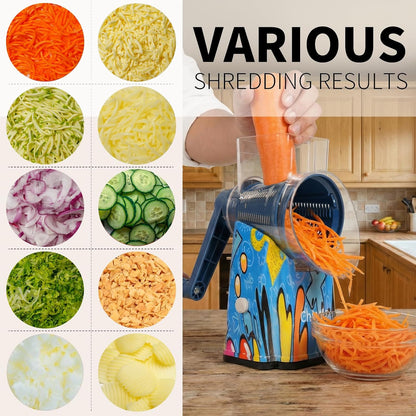 Upgrade Rotary Cheese Grater Shredder with Handle, Strong Suction Base, Multi-purpose Rotary Grater Slicer with 5 Interchangeable Blades for Ice, Vegetables, Fruit, Nuts with Blade Storage Box