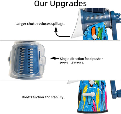 Upgrade Rotary Cheese Grater Shredder with Handle, Strong Suction Base, Multi-purpose Rotary Grater Slicer with 5 Interchangeable Blades for Ice, Vegetables, Fruit, Nuts with Blade Storage Box