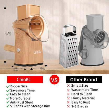 Upgrade Rotary Cheese Grater Shredder with Handle, Strong Suction Base, Multi-purpose Rotary Grater Slicer with 5 Interchangeable Blades for Ice, Vegetables, Fruit, Nuts with Blade Storage Box