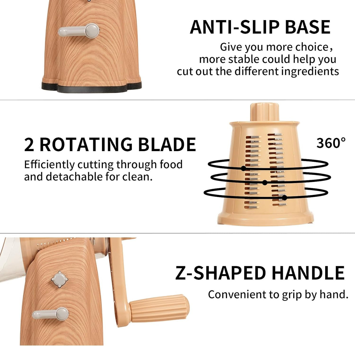 Upgrade Rotary Cheese Grater Shredder with Handle, Strong Suction Base, Multi-purpose Rotary Grater Slicer with 5 Interchangeable Blades for Ice, Vegetables, Fruit, Nuts with Blade Storage Box