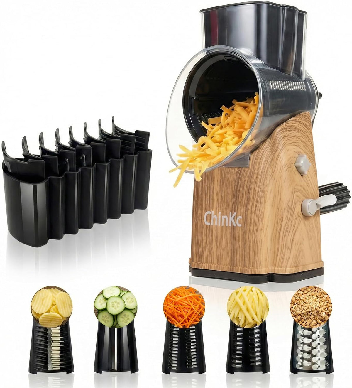 Upgrade Rotary Cheese Grater Shredder with Handle, Strong Suction Base, Multi-purpose Rotary Grater Slicer with 5 Interchangeable Blades for Ice, Vegetables, Fruit, Nuts with Blade Storage Box