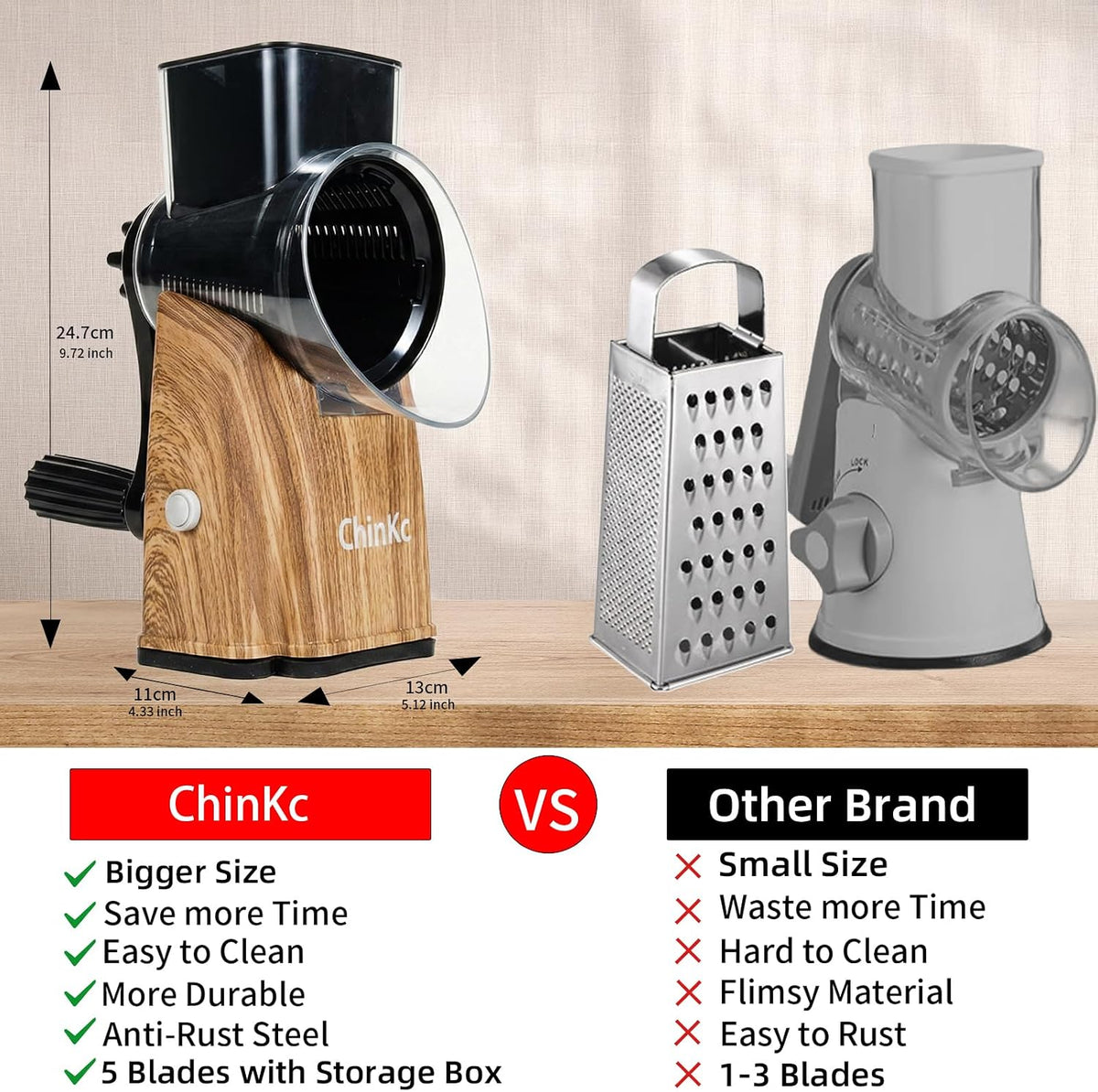 Upgrade Rotary Cheese Grater Shredder with Handle, Strong Suction Base, Multi-purpose Rotary Grater Slicer with 5 Interchangeable Blades for Ice, Vegetables, Fruit, Nuts with Blade Storage Box