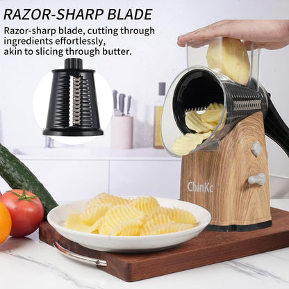 Upgrade Rotary Cheese Grater Shredder with Handle, Strong Suction Base, Multi-purpose Rotary Grater Slicer with 5 Interchangeable Blades for Ice, Vegetables, Fruit, Nuts with Blade Storage Box