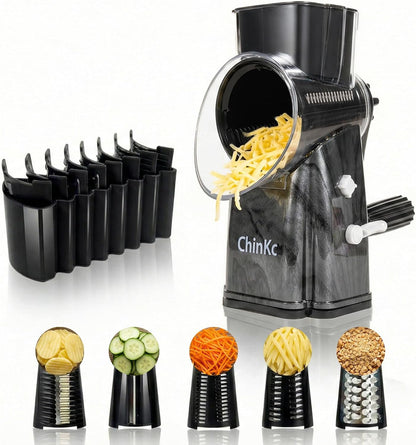 Upgrade Rotary Cheese Grater Shredder with Handle, Strong Suction Base, Multi-purpose Rotary Grater Slicer with 5 Interchangeable Blades for Ice, Vegetables, Fruit, Nuts with Blade Storage Box