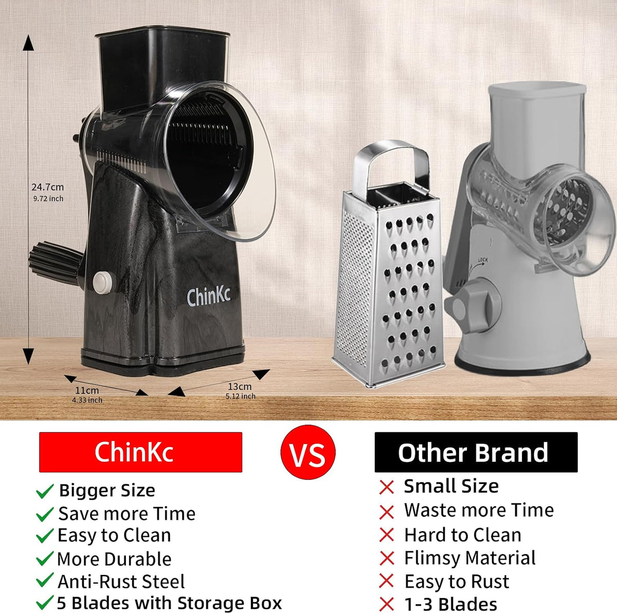 Upgrade Rotary Cheese Grater Shredder with Handle, Strong Suction Base, Multi-purpose Rotary Grater Slicer with 5 Interchangeable Blades for Ice, Vegetables, Fruit, Nuts with Blade Storage Box