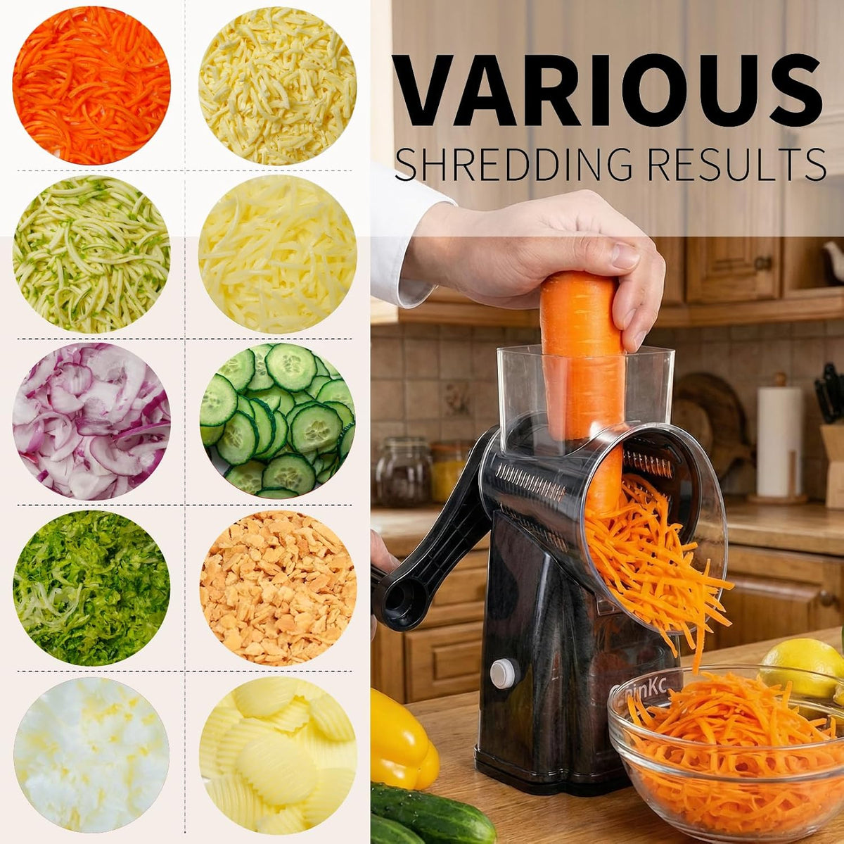 Upgrade Rotary Cheese Grater Shredder with Handle, Strong Suction Base, Multi-purpose Rotary Grater Slicer with 5 Interchangeable Blades for Ice, Vegetables, Fruit, Nuts with Blade Storage Box