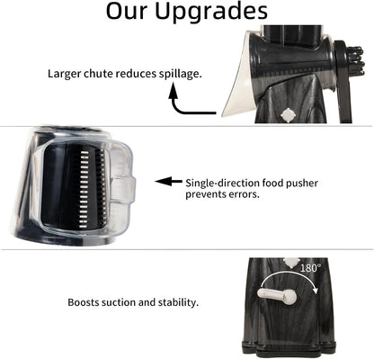 Upgrade Rotary Cheese Grater Shredder with Handle, Strong Suction Base, Multi-purpose Rotary Grater Slicer with 5 Interchangeable Blades for Ice, Vegetables, Fruit, Nuts with Blade Storage Box