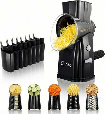 Upgrade Rotary Cheese Grater Shredder with Handle, Strong Suction Base, Multi-purpose Rotary Grater Slicer with 5 Interchangeable Blades for Ice, Vegetables, Fruit, Nuts with Blade Storage Box
