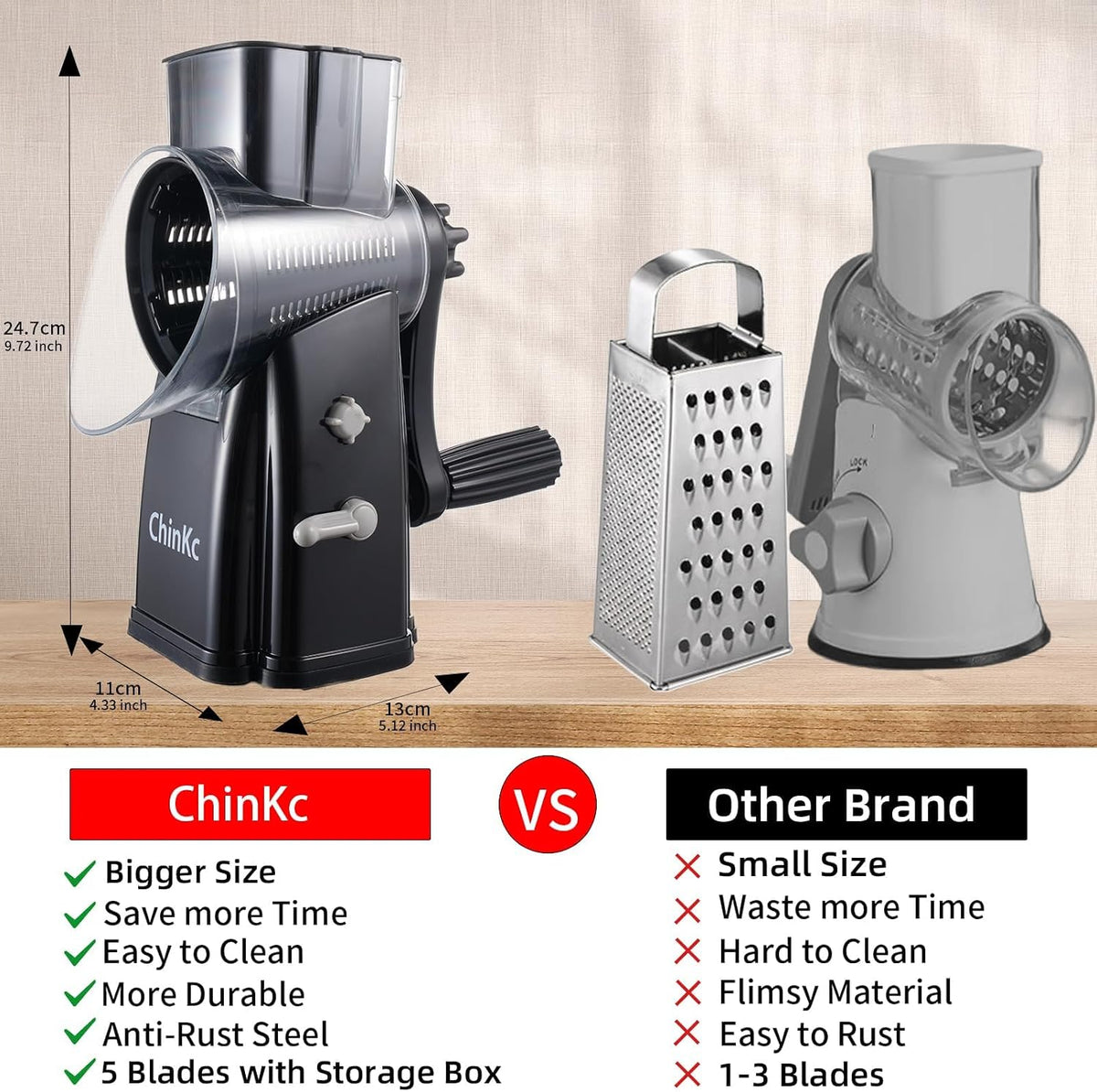 Upgrade Rotary Cheese Grater Shredder with Handle, Strong Suction Base, Multi-purpose Rotary Grater Slicer with 5 Interchangeable Blades for Ice, Vegetables, Fruit, Nuts with Blade Storage Box
