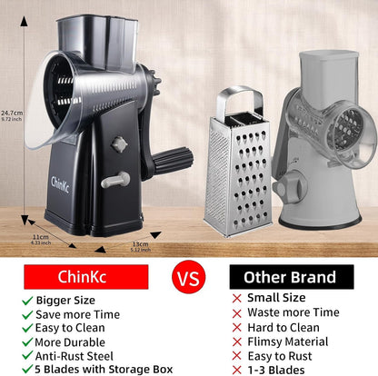 Upgrade Rotary Cheese Grater Shredder with Handle, Strong Suction Base, Multi-purpose Rotary Grater Slicer with 5 Interchangeable Blades for Ice, Vegetables, Fruit, Nuts with Blade Storage Box