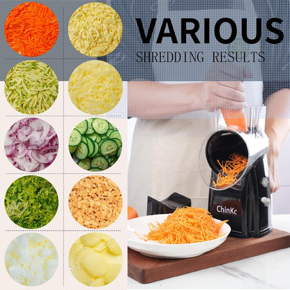 Upgrade Rotary Cheese Grater Shredder with Handle, Strong Suction Base, Multi-purpose Rotary Grater Slicer with 5 Interchangeable Blades for Ice, Vegetables, Fruit, Nuts with Blade Storage Box