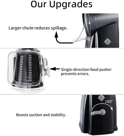 Upgrade Rotary Cheese Grater Shredder with Handle, Strong Suction Base, Multi-purpose Rotary Grater Slicer with 5 Interchangeable Blades for Ice, Vegetables, Fruit, Nuts with Blade Storage Box