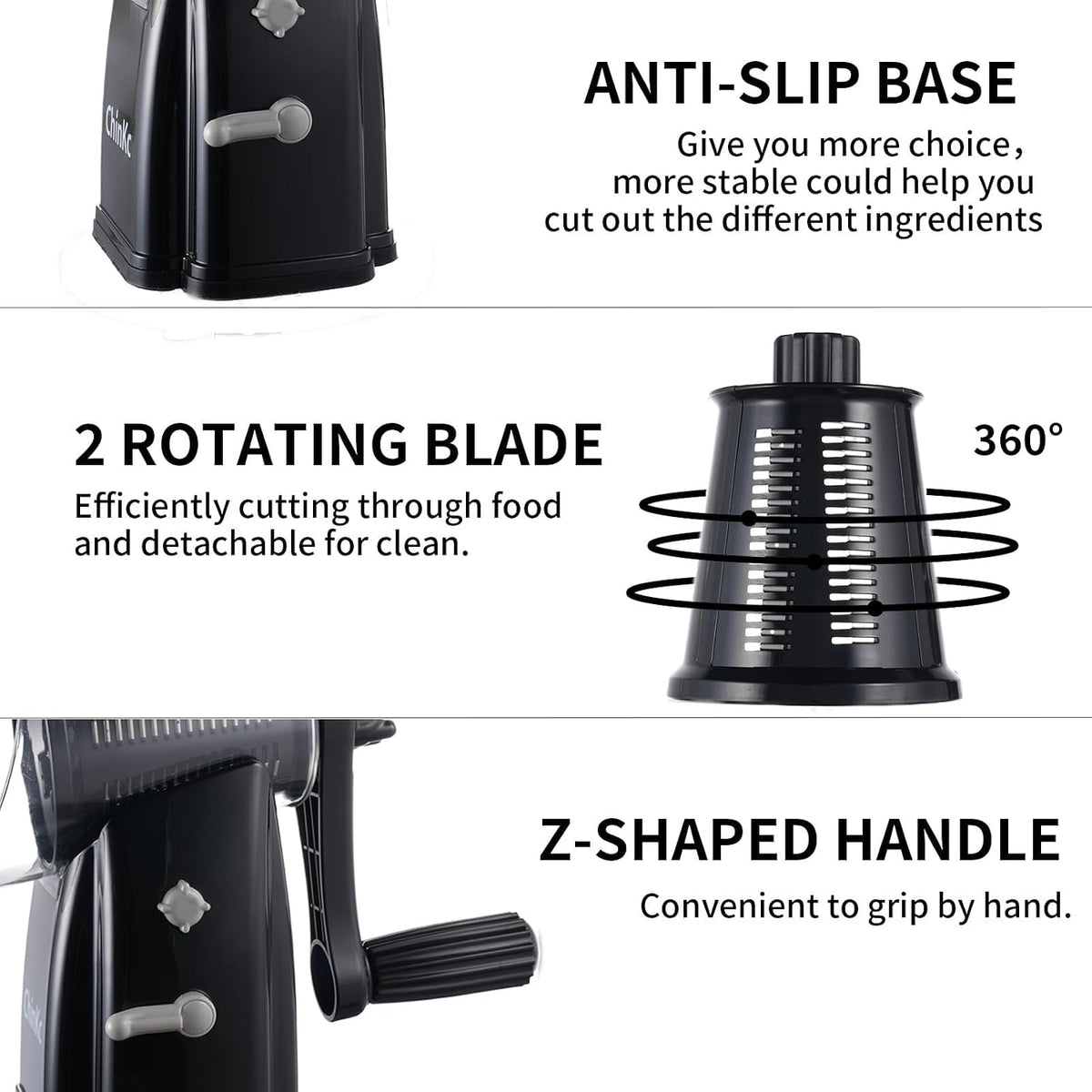 Upgrade Rotary Cheese Grater Shredder with Handle, Strong Suction Base, Multi-purpose Rotary Grater Slicer with 5 Interchangeable Blades for Ice, Vegetables, Fruit, Nuts with Blade Storage Box