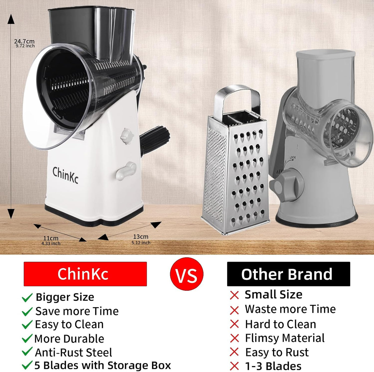 Upgrade Rotary Cheese Grater Shredder with Handle, Strong Suction Base, Multi-purpose Rotary Grater Slicer with 5 Interchangeable Blades for Ice, Vegetables, Fruit, Nuts with Blade Storage Box