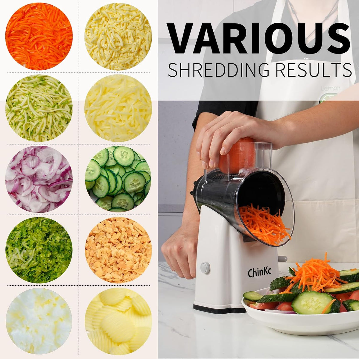 Upgrade Rotary Cheese Grater Shredder with Handle, Strong Suction Base, Multi-purpose Rotary Grater Slicer with 5 Interchangeable Blades for Ice, Vegetables, Fruit, Nuts with Blade Storage Box