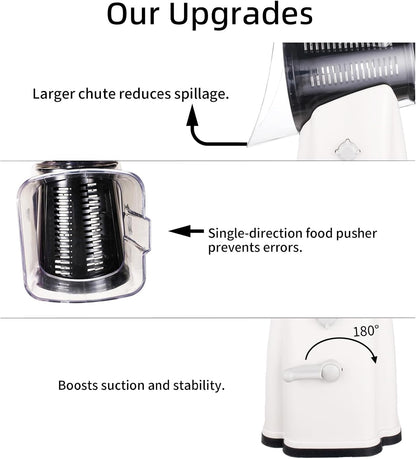 Upgrade Rotary Cheese Grater Shredder with Handle, Strong Suction Base, Multi-purpose Rotary Grater Slicer with 5 Interchangeable Blades for Ice, Vegetables, Fruit, Nuts with Blade Storage Box