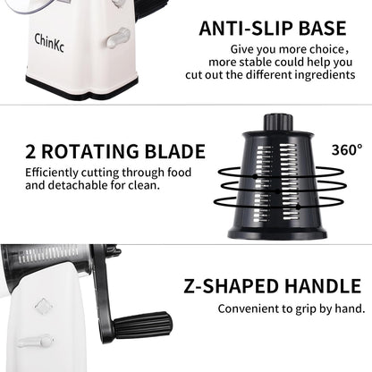 Upgrade Rotary Cheese Grater Shredder with Handle, Strong Suction Base, Multi-purpose Rotary Grater Slicer with 5 Interchangeable Blades for Ice, Vegetables, Fruit, Nuts with Blade Storage Box