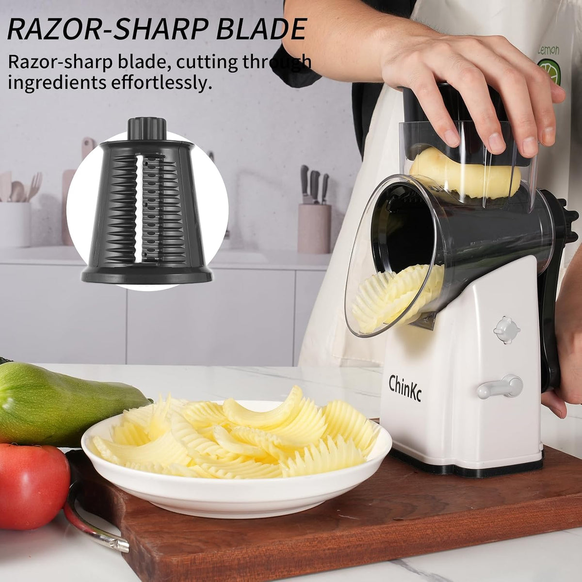 Upgrade Rotary Cheese Grater Shredder with Handle, Strong Suction Base, Multi-purpose Rotary Grater Slicer with 5 Interchangeable Blades for Ice, Vegetables, Fruit, Nuts with Blade Storage Box
