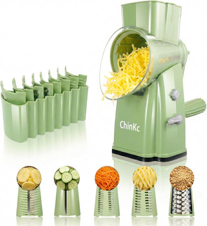 Upgrade Rotary Cheese Grater Shredder with Handle, Strong Suction Base, Multi-purpose Rotary Grater Slicer with 5 Interchangeable Blades for Ice, Vegetables, Fruit, Nuts with Blade Storage Box
