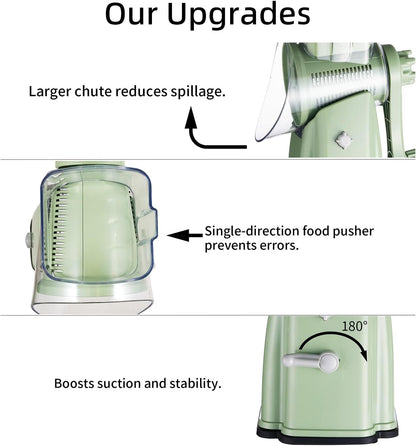 Upgrade Rotary Cheese Grater Shredder with Handle, Strong Suction Base, Multi-purpose Rotary Grater Slicer with 5 Interchangeable Blades for Ice, Vegetables, Fruit, Nuts with Blade Storage Box