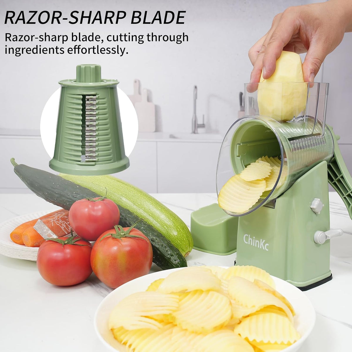Upgrade Rotary Cheese Grater Shredder with Handle, Strong Suction Base, Multi-purpose Rotary Grater Slicer with 5 Interchangeable Blades for Ice, Vegetables, Fruit, Nuts with Blade Storage Box