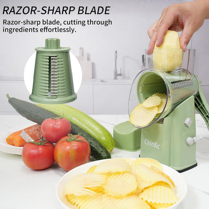 Upgrade Rotary Cheese Grater Shredder with Handle, Strong Suction Base, Multi-purpose Rotary Grater Slicer with 5 Interchangeable Blades for Ice, Vegetables, Fruit, Nuts with Blade Storage Box