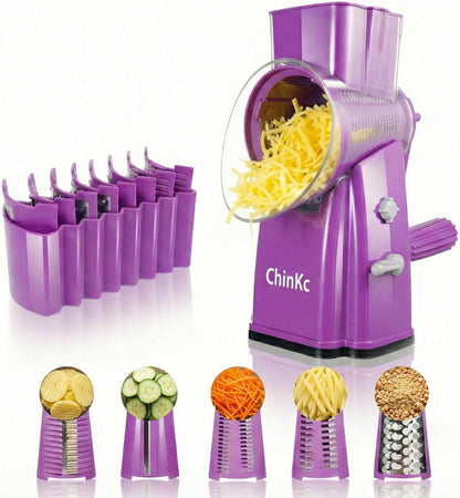 Upgrade Rotary Cheese Grater Shredder with Handle, Strong Suction Base, Multi-purpose Rotary Grater Slicer with 5 Interchangeable Blades for Ice, Vegetables, Fruit, Nuts with Blade Storage Box