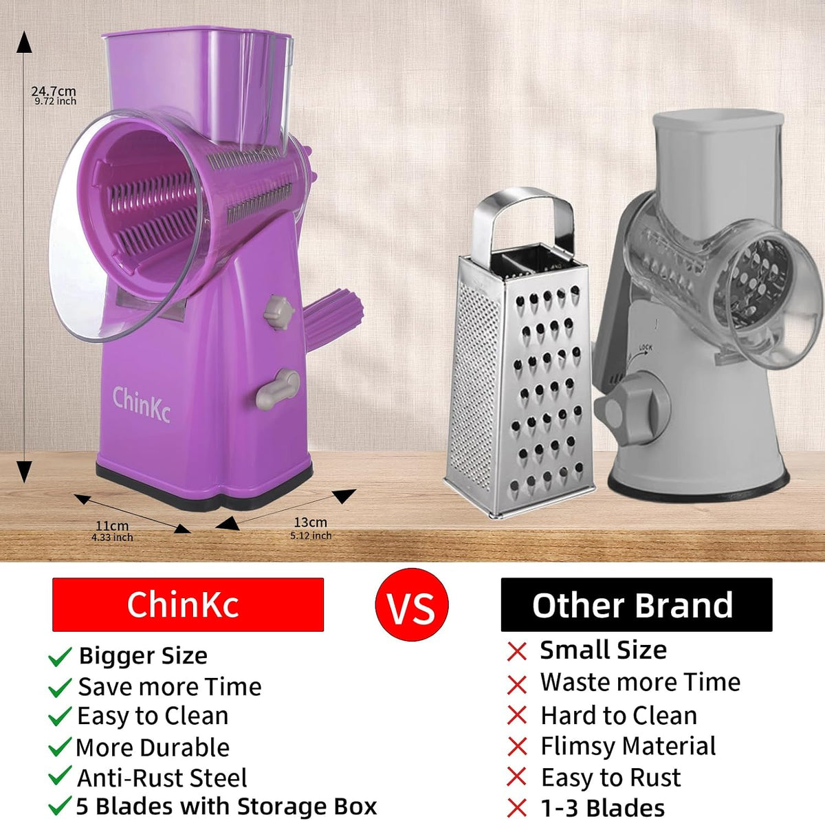 Upgrade Rotary Cheese Grater Shredder with Handle, Strong Suction Base, Multi-purpose Rotary Grater Slicer with 5 Interchangeable Blades for Ice, Vegetables, Fruit, Nuts with Blade Storage Box