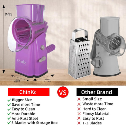 Upgrade Rotary Cheese Grater Shredder with Handle, Strong Suction Base, Multi-purpose Rotary Grater Slicer with 5 Interchangeable Blades for Ice, Vegetables, Fruit, Nuts with Blade Storage Box
