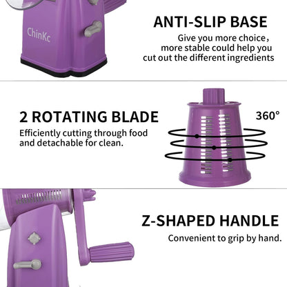Upgrade Rotary Cheese Grater Shredder with Handle, Strong Suction Base, Multi-purpose Rotary Grater Slicer with 5 Interchangeable Blades for Ice, Vegetables, Fruit, Nuts with Blade Storage Box