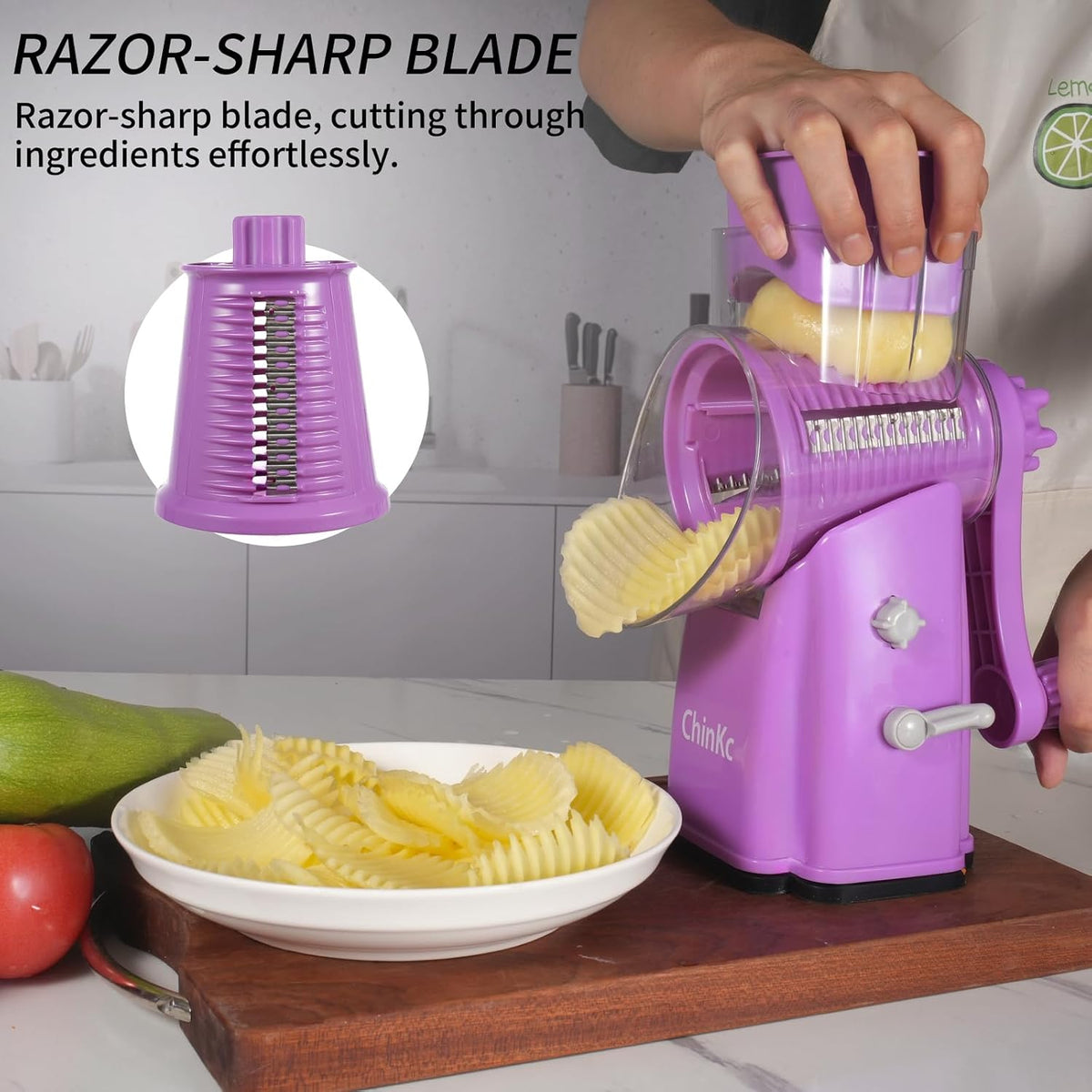 Upgrade Rotary Cheese Grater Shredder with Handle, Strong Suction Base, Multi-purpose Rotary Grater Slicer with 5 Interchangeable Blades for Ice, Vegetables, Fruit, Nuts with Blade Storage Box