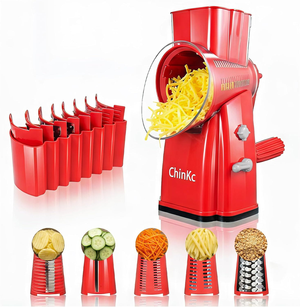 Upgrade Rotary Cheese Grater Shredder with Handle, Strong Suction Base, Multi-purpose Rotary Grater Slicer with 5 Interchangeable Blades for Ice, Vegetables, Fruit, Nuts with Blade Storage Box