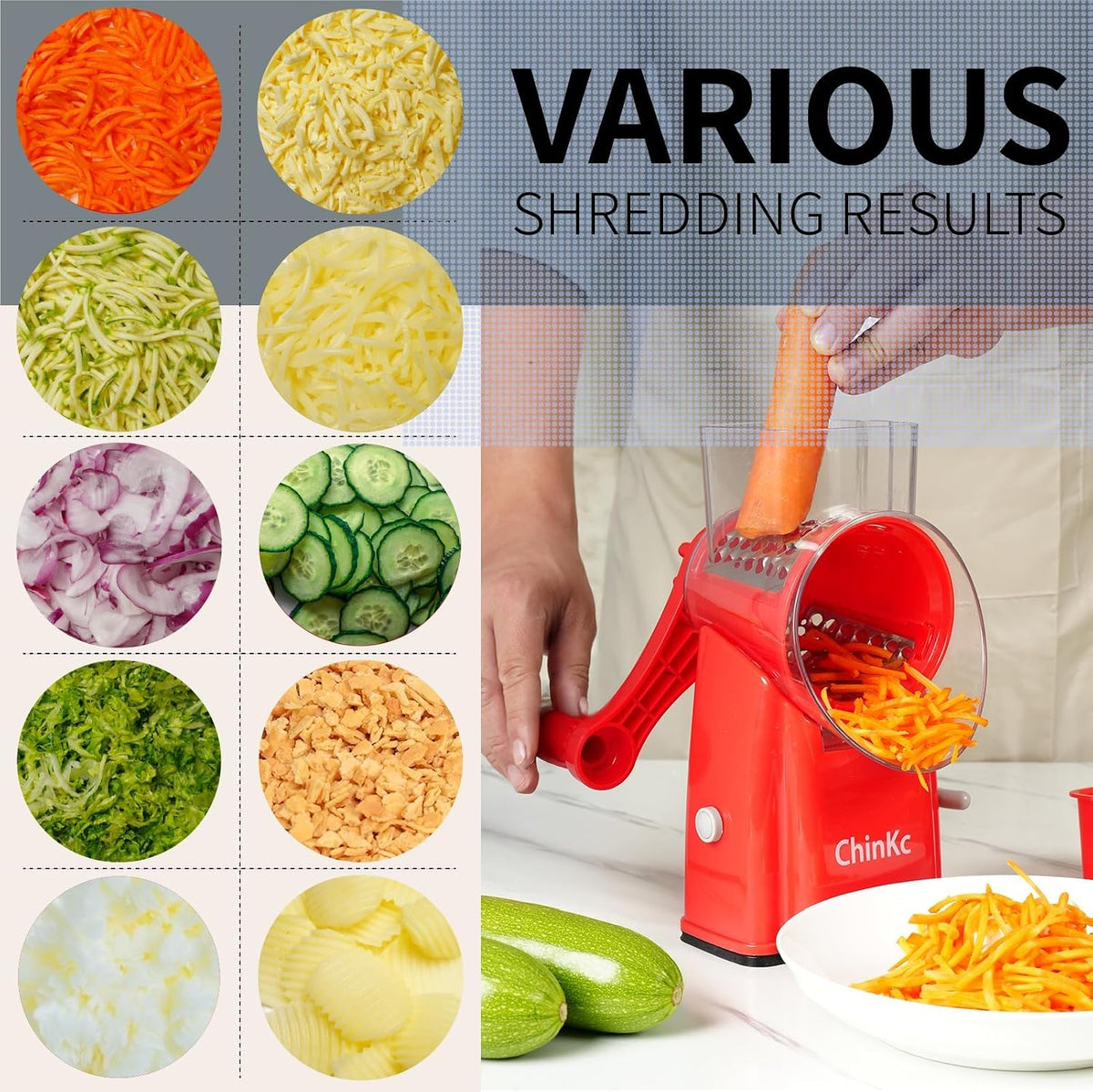 Upgrade Rotary Cheese Grater Shredder with Handle, Strong Suction Base, Multi-purpose Rotary Grater Slicer with 5 Interchangeable Blades for Ice, Vegetables, Fruit, Nuts with Blade Storage Box
