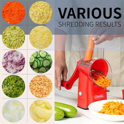 Upgrade Rotary Cheese Grater Shredder with Handle, Strong Suction Base, Multi-purpose Rotary Grater Slicer with 5 Interchangeable Blades for Ice, Vegetables, Fruit, Nuts with Blade Storage Box