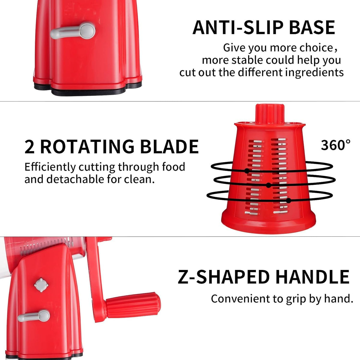 Upgrade Rotary Cheese Grater Shredder with Handle, Strong Suction Base, Multi-purpose Rotary Grater Slicer with 5 Interchangeable Blades for Ice, Vegetables, Fruit, Nuts with Blade Storage Box