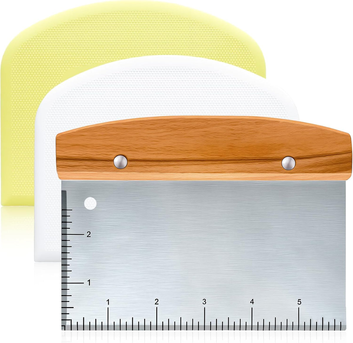 Versatile Bench Scraper with Wood Handle, Premium Stainless Steel Dough Scraper Cutter with 2 PCS Flexible Bowl Scraper for Pastry Bread Pizza, Kitchen Scraper Tool for Flat Top Griddle