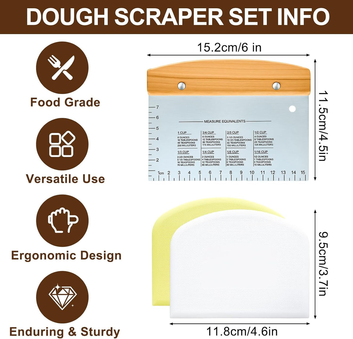 Versatile Bench Scraper with Wood Handle, Premium Stainless Steel Dough Scraper Cutter with 2 PCS Flexible Bowl Scraper for Pastry Bread Pizza, Kitchen Scraper Tool for Flat Top Griddle