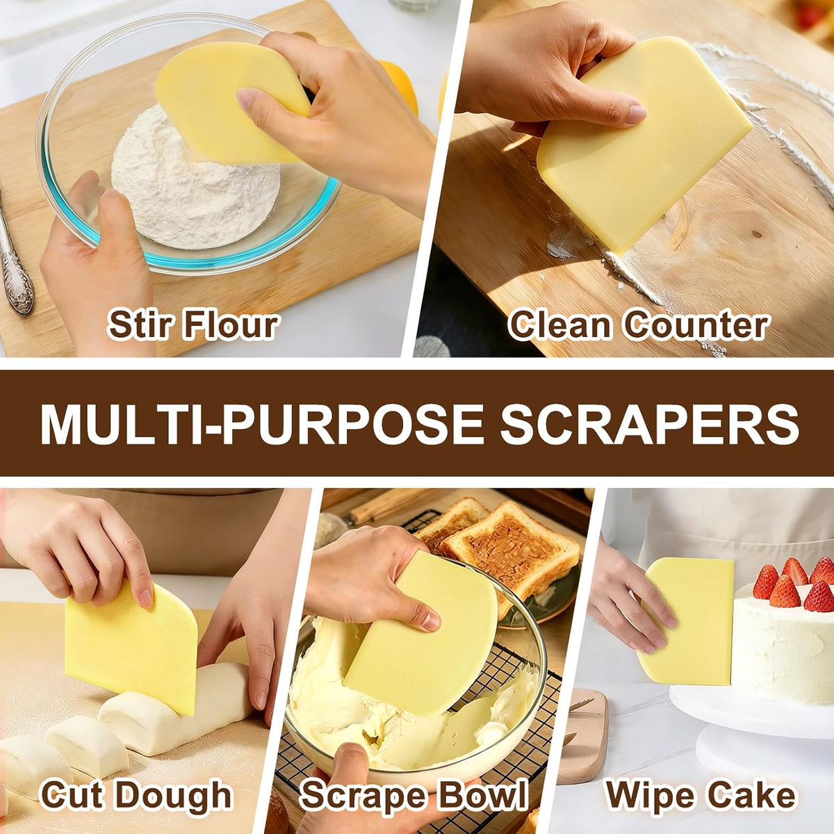 Versatile Bench Scraper with Wood Handle, Premium Stainless Steel Dough Scraper Cutter with 2 PCS Flexible Bowl Scraper for Pastry Bread Pizza, Kitchen Scraper Tool for Flat Top Griddle