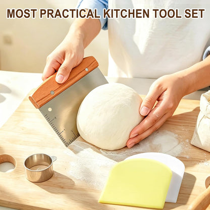 Versatile Bench Scraper with Wood Handle, Premium Stainless Steel Dough Scraper Cutter with 2 PCS Flexible Bowl Scraper for Pastry Bread Pizza, Kitchen Scraper Tool for Flat Top Griddle