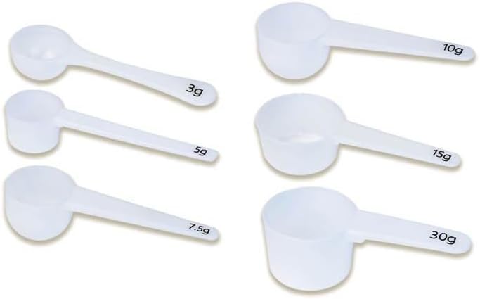 Measure spoons | measuring spoons set of 6 | exact dosing 3 gram scoop, 5 gram scoop, 7,5g, 10g, 15g, 30g | kitchen measuring set for powder and liquids | plastic medicine spoon and cups