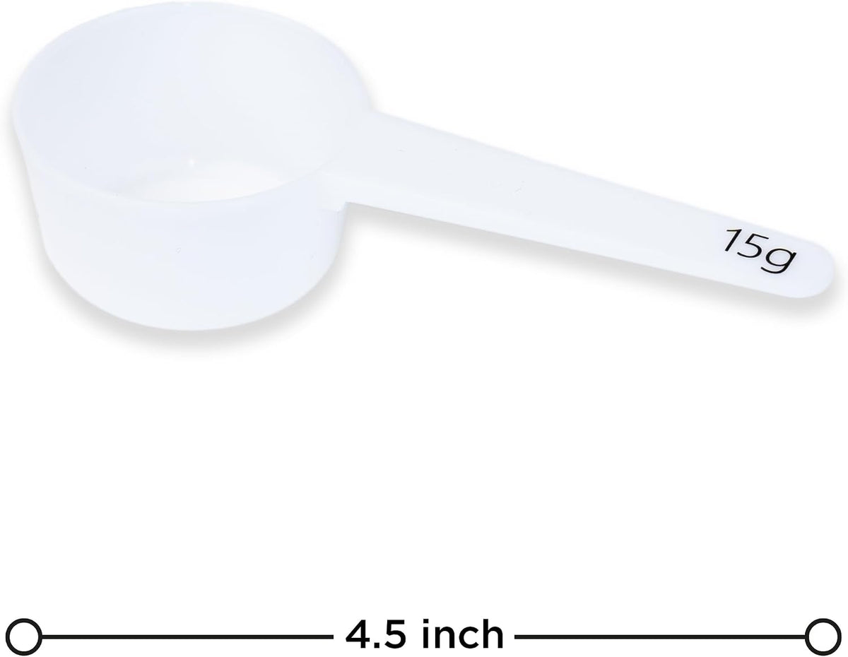 Measure spoons | measuring spoons set of 6 | exact dosing 3 gram scoop, 5 gram scoop, 7,5g, 10g, 15g, 30g | kitchen measuring set for powder and liquids | plastic medicine spoon and cups