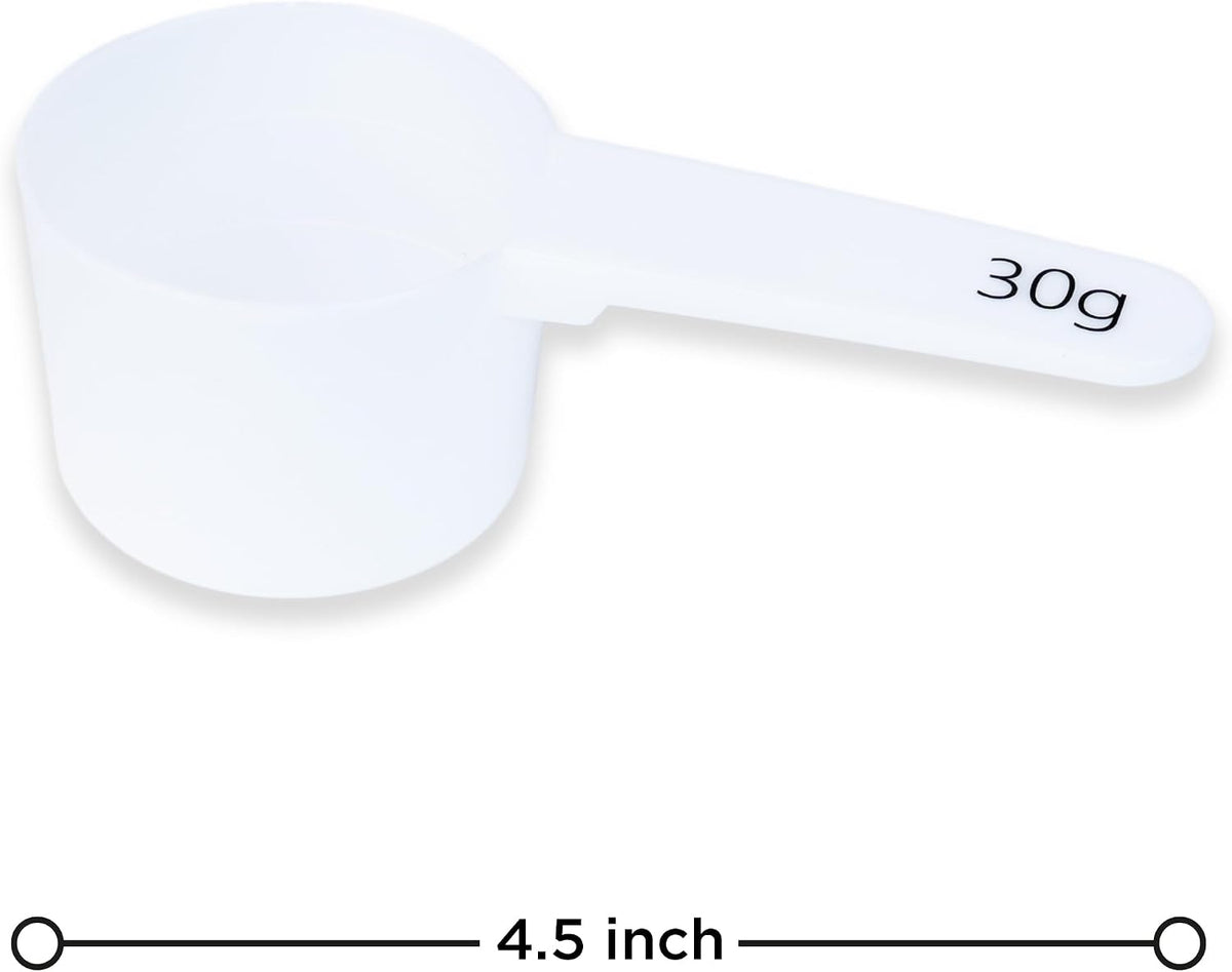 Measure spoons | measuring spoons set of 6 | exact dosing 3 gram scoop, 5 gram scoop, 7,5g, 10g, 15g, 30g | kitchen measuring set for powder and liquids | plastic medicine spoon and cups