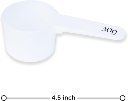 Measure spoons | measuring spoons set of 6 | exact dosing 3 gram scoop, 5 gram scoop, 7,5g, 10g, 15g, 30g | kitchen measuring set for powder and liquids | plastic medicine spoon and cups